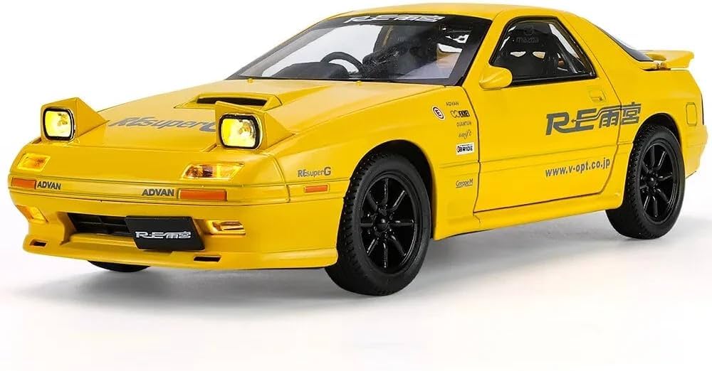 EROCK 1/24 Mazda RX7 alloy car model, kids toy die-cast car with lights and sounds, adult and kids gifts, decorations, collectibles. (yellow)